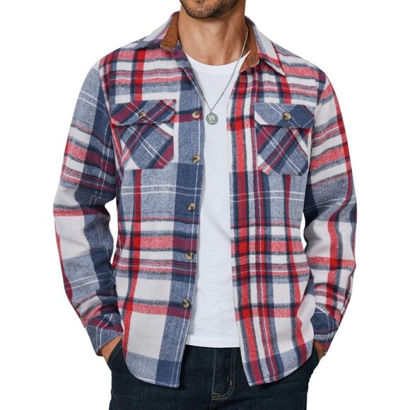 Coofandy Men Red Blue Flannel Plaid Button Down Jacket Shirt with Pockets - Picture 1 of 5